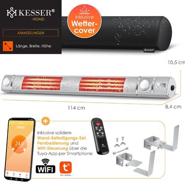 Інфрачервовий обігрівач KESSER® 3000W з LED-підсвічуванням та Wi-Fi, для тераси, кафе, бару, з пусковим пристроєм та захисним чохлом. Кварцовий настінний обігрівач (срібний)