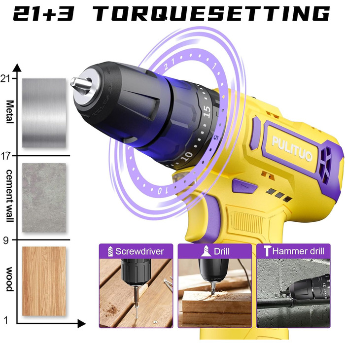 Акумуляторний ударний дриль-шуруповерт PULITUO 12V, комплект, металевий патрон 3/8', 21+1+1 ступінь крутного моменту, LED-ліхтар, 35 Нм, акумулятор 1300 mAh
