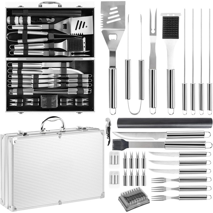 Набір грилю OUUTMEE 30шт з алюмінієвим кейсом: шампур, щипці, лопатка, ніж, пензлик для соусу. Інструменти для грилю, кемпінгу та відпочинку на природі