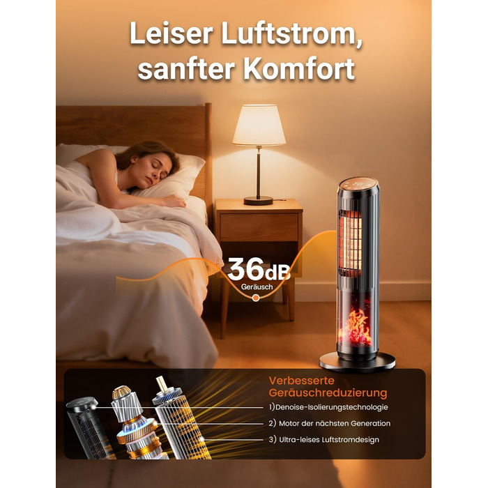 Електричний обігрівач керамічний 2000W з термостатом, дистанційним керуванням, ефектом каміну, осциляцією 70°, ECO-режим, таймером 1-8 год, захистом від перегріву та перекидання, тихий, для офісу та вітальні