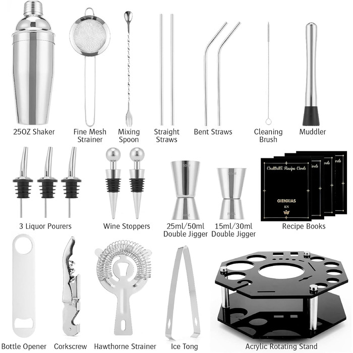 Набір для коктейлів 21 предмет | Набір шейкерів для коктейлів з обертовим підставкою | Шейкер з міцної нержавіючої сталі з аксесуарами | У комплекті стильна чорна подарункова коробка | Барний набір (Рожеве золото) (Срібло)