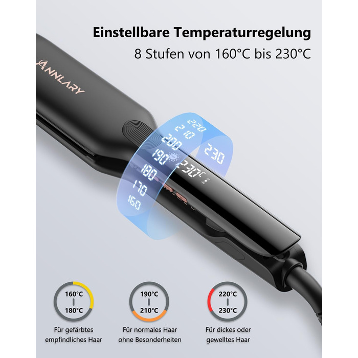 ANNLARY 2-in-1 Hair Straightener & Curling Wand with Titanium Ceramic Ion Technology - Anti-Heat Silicone Protection for Less Split Ends, Shiny Hair - Dual Voltage (110-240V) - Black/Rose Gold (1.75 inch)
