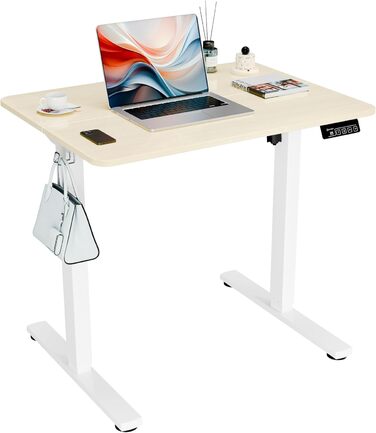 Ergonomaker Electric Standing Desk 80x60cm - Compact Adjustable Height Desk with 2-Section Tabletop, Home Office Desk (White Frame + Oak Tabletop)