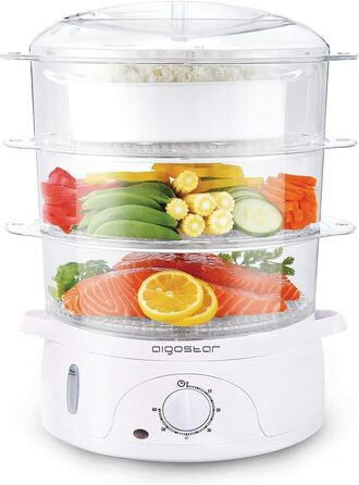 Пароварка Aigostar Fitfoodie 30CFO, 9 л, 800 Вт, 3 яруси, BPA Free, з таймером