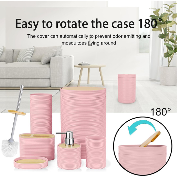 CERBIOR Набір аксесуарів для ванної кімнати, бамбуковий комплект з 6 предметів, включає дозатор для мила, тримач для зубних щіток, стакан для зубних щіток, мильниця для декоративної поверхні, подарунок на новосілля, Sriral (Рожевий)