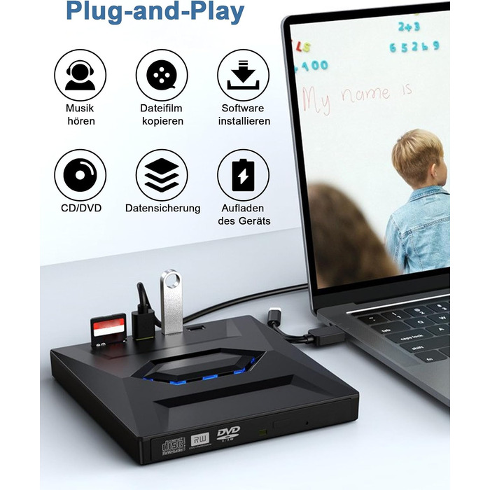 Зовнішній CD/DVD привід для ноутбука та ПК USB 3.0 & Type-C, DVD-RW записувач з картридером SD/TF та USB-хабом для Windows, Linux, Vista