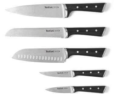 Набір ножів Tefal Ice Force 5 предметів (дерев'яний блок): ніж для хліба 20 см, шеф-ніж, ніж Сантоку 18 см, ніж для овочів 11 см, ніж для нарізки 9 см, нержавіюча сталь, коричнево-чорний, K232S5