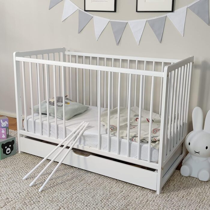 Kids Collective Baby Bed with Drawer, Toddler Bed, Crib, 60x120 cm, Adjustable Height & Removable Slats, Optional with Mattress | White, Very Stable, Made in Europe, 124L x 65W x 87H cm, White with Drawer