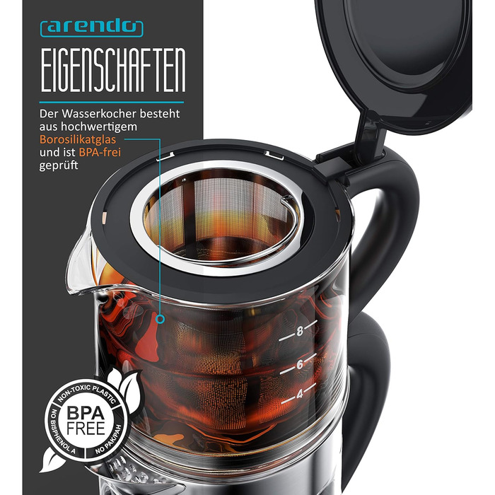 Arendo - Glass Water Kettle with Temperature Setting and Tea Strainer - Electric Kettle in Stainless Steel - Temperatures 70, 80, 90, 100 Degrees - 1.7 Liter - 2400 Watt - Keep Warm Function - BPA Free