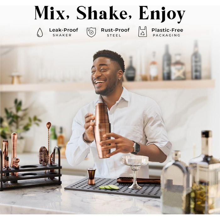 Bare Barrel Cocktail Shaker Set - 14 Piece Bar Set with Boston Shaker, Martini Accessories & Recipe Cards - Home Bartender Kit