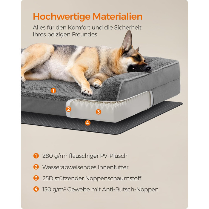Ортопедичне ліжко для собак Feandrea великих порід, вологостійке, знімний плюшевий чохол, 122 x 85 x 16 см, сірий PGW254G02 XXL