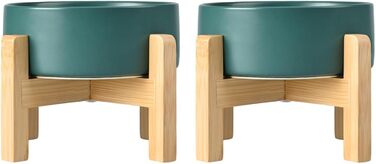 Набір мисок для корму для собак і котів SpunkyJunky з кераміки, піднятий на підставці з бамбука (2 шт. по 400 мл, зелений)