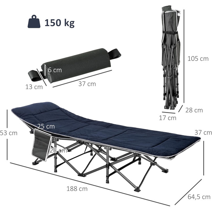 Ліжко кемпінгове складне Outsunny з матрацом, 188x64.5x53 см, до 150 кг, темно-синьо-сіре, для дому, саду, подорожей