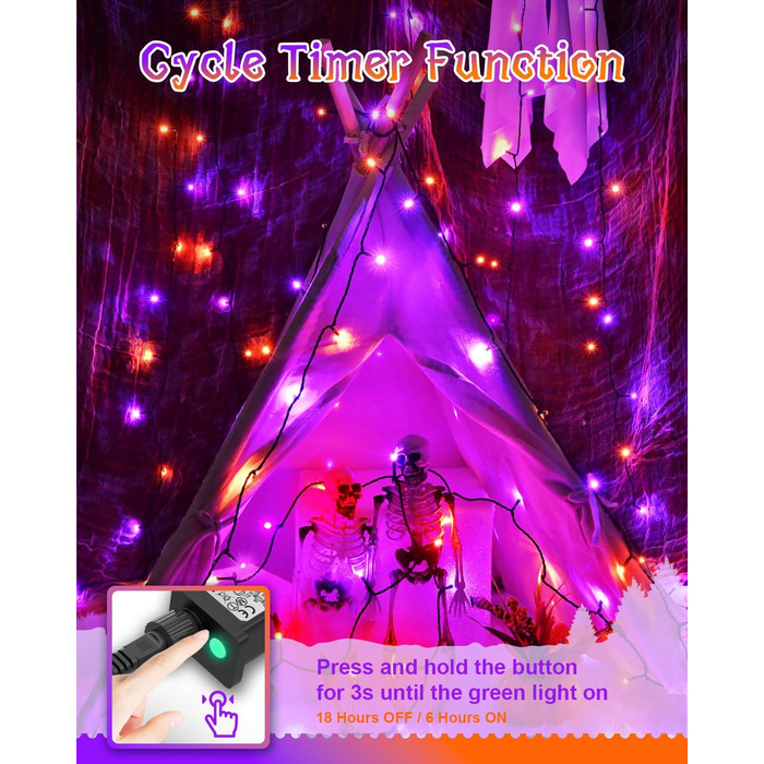 Гірлянда на Хелловін, 30м, 300 LED, оранжево-фіолетова, з функцією пам'яті та таймером, 8 режимів освітлення, вологостійка, для декорування інтер'єру та екстер'єру