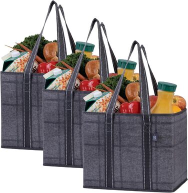 23.5 Liter Large Folding Shopping Bag, Folding Boxes with Reinforced Bottom, Reusable Shopping Bags, Holds Up to 15 kg Shopping Bag (3-Pack) (Black/Window Pane)