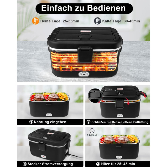 AUTOPkio Electric Lunch Box 1.8L 80W, 12V 24V 220V Large Heated Food Warmer with Bag, Stainless Steel Fork, Spoon for Car, Truck, Office (Black)
