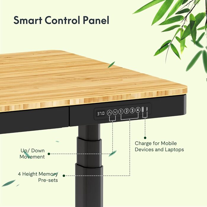 Регульований стіл FLEXISPOT з LED-дисплеєм висоти, пам'яттю та USB, електричний стіл з ящиком для дому та офісу (140 x 70 см, бамбук / чорний (з Qi))