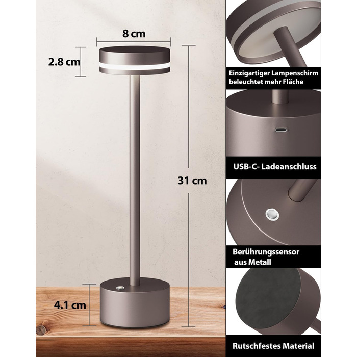 LED настільна лампа з акумулятором, бездротова, з торшером, сенсорне керування, алюмінієвий корпус, 3 режими димування, 4000mAh, 3000K, для обіднього столу, вітальні (срібна)