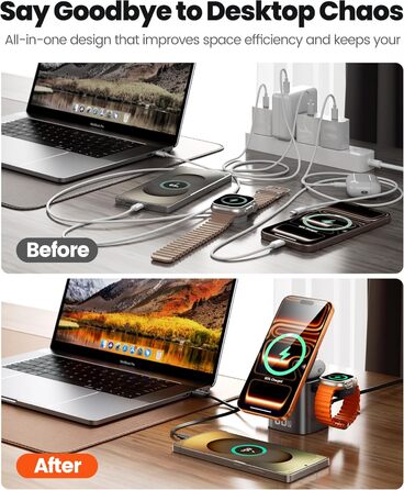 Зарядний пристрій Toocki 80W GaN з USB-C та USB-A, 6 портів, з вбудованим кабелем та MagSafe для MacBook, iPhone 17 Pro Max, Galaxy S24 та інших пристроїв