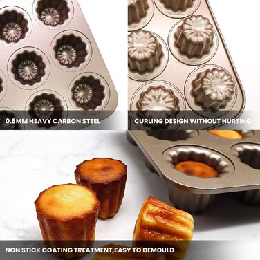 Canele Mold, Carbon Steel, 12 Cavities, Non-Stick, Canelé Molds, Baking Pans for Oven Baking, Cupcake