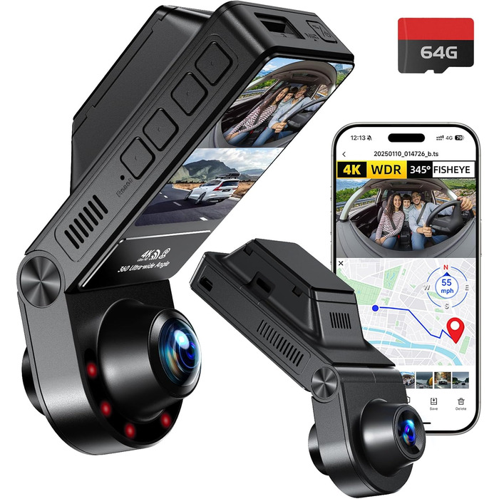 Відеореєстратор E-YEEGER Dashcam Auto 345° Panorama 4K+2.5K з GPS, WiFi, HDR, Нічне бачення, Паркувальний режим, Loop-запис, SD-карта 64GB