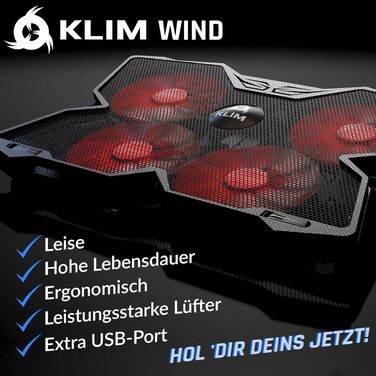 Охолоджувач для ноутбука KLIM Wind: підставка з 4 вентиляторами, USB-живлення, для PC, Mac, Xbox One, PS4 (15-17 дюймів), червоно-чорний
