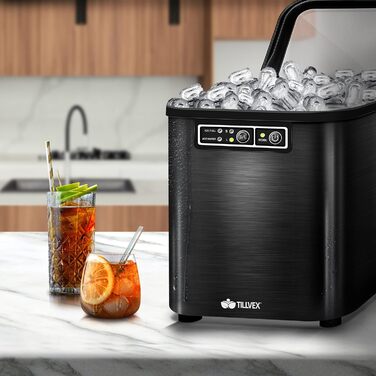 Tillvex Stainless Steel Ice Maker - 12kg Capacity, 24-Hour Production | 2.2L Water Tank, LED Display, Self-Cleaning & 2 Ice Cube Sizes (Black)