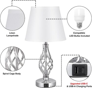 Настільна лампа Kakanuo 2 шт. з USB-портами (A+C), регульоване освітлення, сірий абажур, LED, для спальні, вітальні, офісу