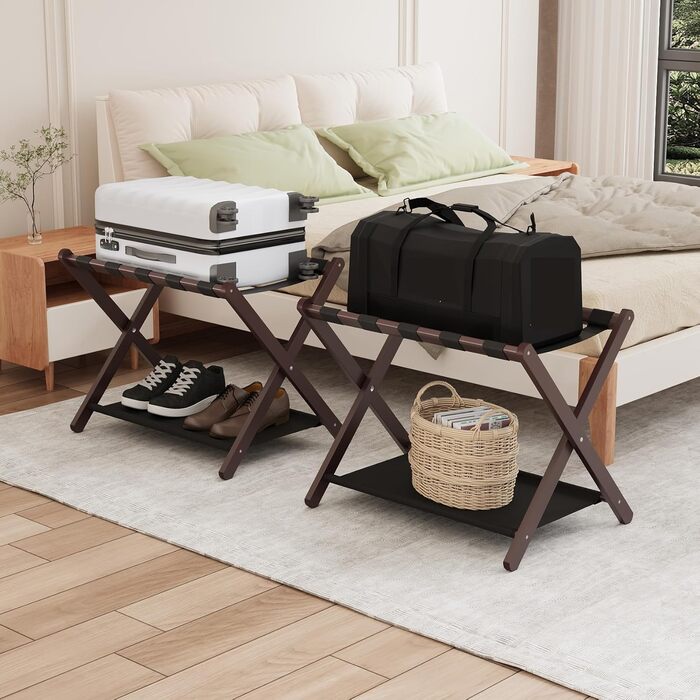 Smuxee Walnut Bamboo Luggage Rack for Guest Rooms, Folding Suitcase Stand with Storage Shelf, Lightweight Assembled Luggage Rack with 5 Nylon Straps for Guest Room Bedroom Hotel (Brown)