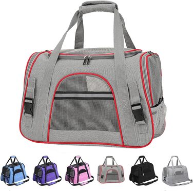 Транспортна переноска для собак та котів, складна, з регульованою ручкою та знімною плюшевою підстилкою (сіро-червона)