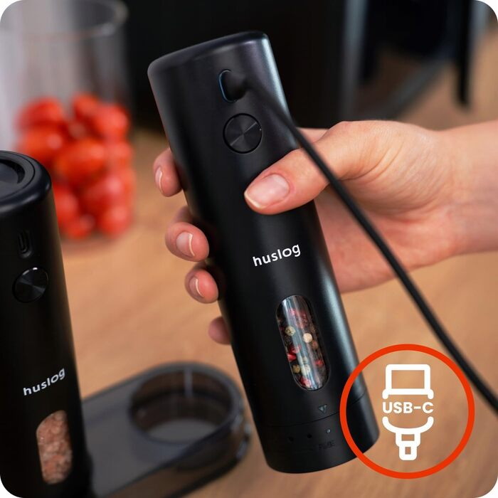 Електричні мельниці для солі та перцю 2 шт. – USB-C, LED, підставка, щітка для чищення – для солі, перцю, чилі, трав (110 мл)