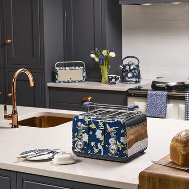 Тостер VQ Laura Ashley з 4-ма тостами, регулюванням нагріву, функцією розморожування та підігріву, нержавіюча сталь, вінтажний дизайн, з насадкою для круасанів (Elveden Marine)