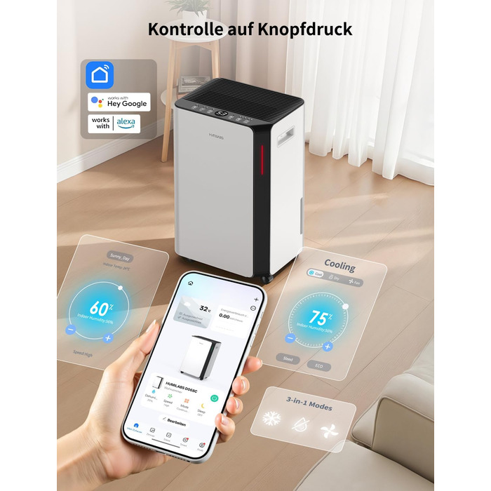 Електричний осушувач повітря HUMILABS 20L з Wi-Fi, для приміщень до 60м², з гофрованим шлангом, 4.5л бак, 3 режими, таймер, білий