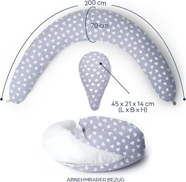 Подушка для вагітних Niimo XXL+ 2-в-1 з функцією подушки для годування - з підпоркою, 100% бавовна, зручна та багатофункціональна, сіра з білими сердечками (200 x 70 см)