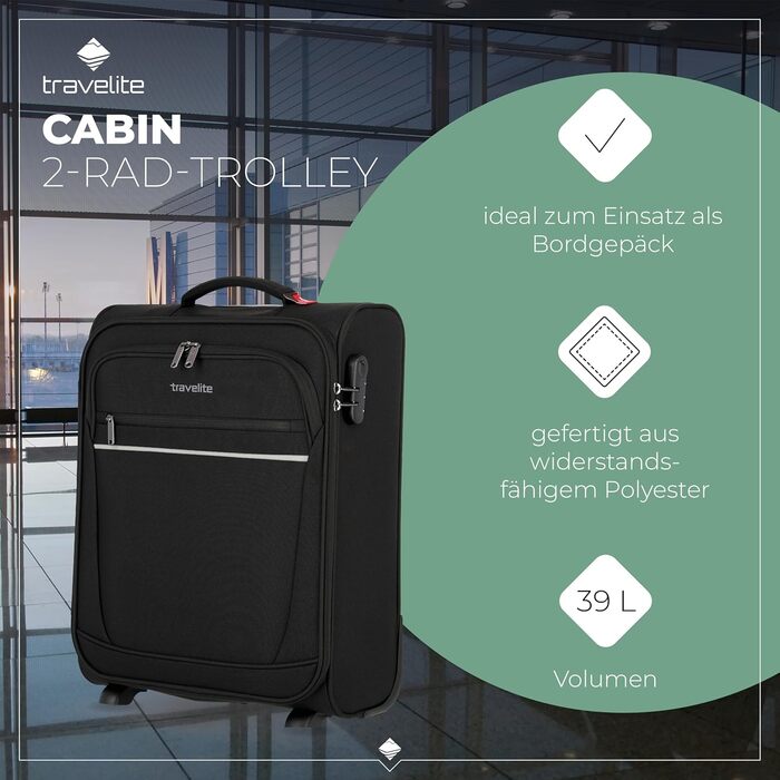 Чемодан-валіза Travelite, 52 см, 39 літрів, чорний. Валіза ручної поклажі з замком, 2 колеса