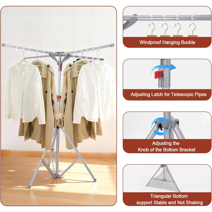 Розкладна сушилка для білизни Standtrockner з 4 крилами, 10 гачків та кліпсою для шкарпеток. Регульована висота, для дому, балкону, кемпінгу (сірий)