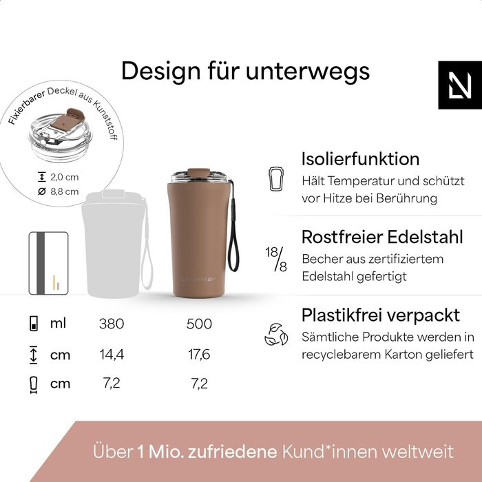 Термокружка для кави та чаю Lars Nysøm 380мл з Tritan кришкою та петлею | Термокружка з нержавіючої сталі, ізольована, витокозахисна, 500мл, Mocha Brown