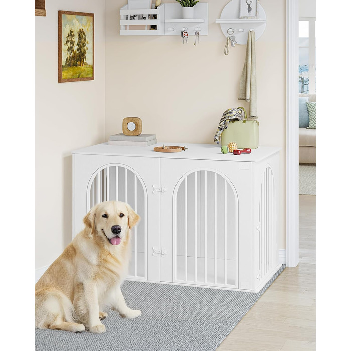 Hzuaneri Modern Dog Crate Furniture - Indoor Dog Kennel with 3 Doors & Tabletop - Durable White Dog Cage 108x64x76cm (DFC86013W)