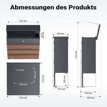 Поштова скринька настінна V63 Anthrazit з дерев'яним декором, сталь, з замком та м'якою кришкою, 410x130x370 мм