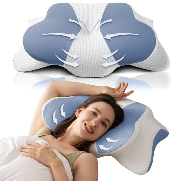 Ортопедична подушка Uniency для шиї з Memory Foam - для сну на боці, спині та животі, зняття болю в шиї та плечей (66 x 40 x 14 см, блакитна)