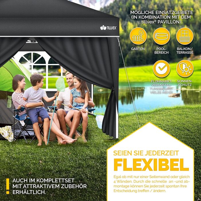 tillvex® for 3x3m Gazebo | Folding Gazebo Side Walls Water-Repellent | Side Windows & Zipper | Side Walls for Garden Tent Party Tent (2x Side Wall, Anthracite)