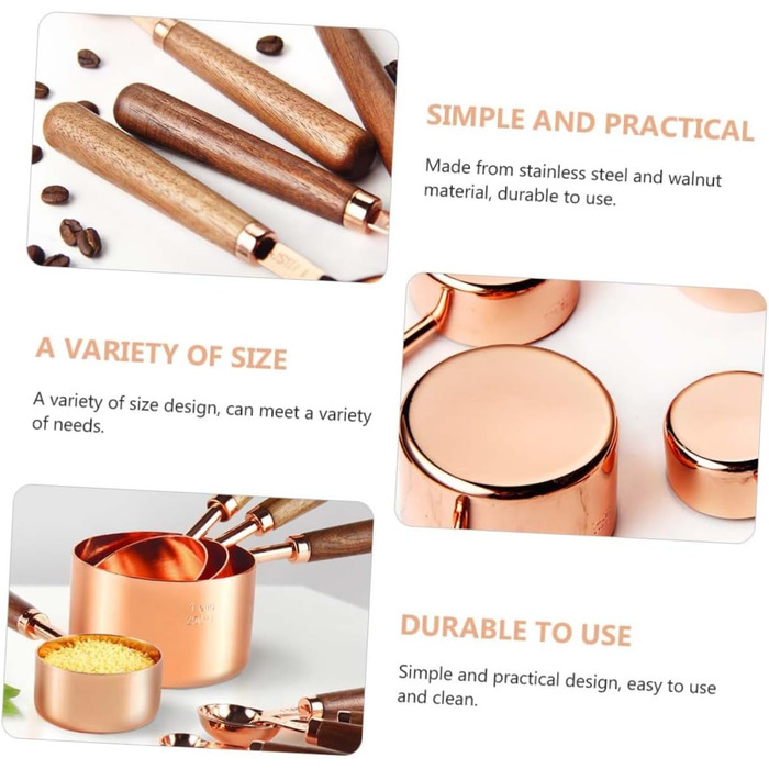 GREENADSCAPE 8-Piece Measuring Cup and Spoon Set for Bakers, Stainless Steel, Walnut Handle, Rose Gold, Multifunctional Kitchen Tool