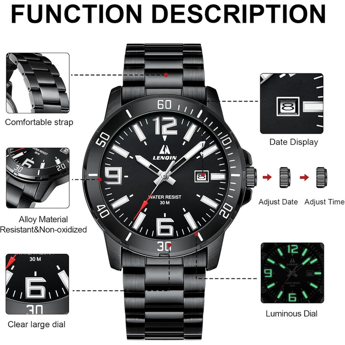 Годинник чоловічий LN LENQIN з нержавіючої сталі, водонепроникний, з датою, кварцовий, аналоговий, чорний, бізнес-стиль