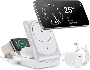 3-в-1 Бездротовий зарядний пристрій: Inductive Qi2, MagSafe, для iPhone 16/15/14/13/12, Apple Watch, AirPods (білий)