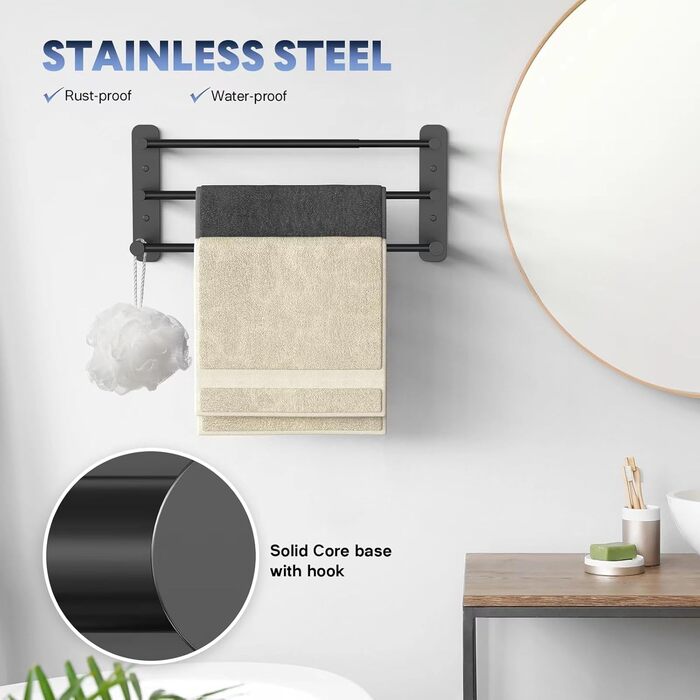 Тримач для рушників Lannvan без свердління, висувний 37-70см, нержавіюча сталь, для ванної кімнати/кухні, 2 способи встановлення, чорний
