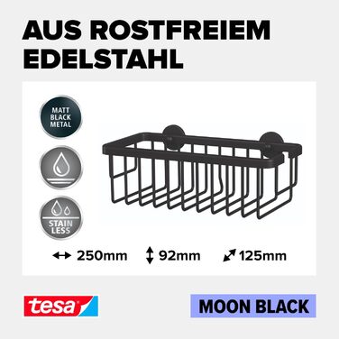 Полиця для душу tesa MOON BLACK, настінна, без свердління, чорна матова, глибока, для ванної в індустріальному стилі, з клейким кріпленням, 250x92x125 мм