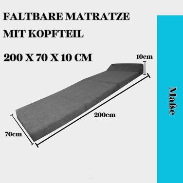 Складний матрац FORTISLINE 200x70x10 см для гостей та кемпінгу, три секції, середня жорсткість H2, знімний чохол, складаний, поролоновий, сірий, для дорослих