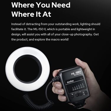Godox ML-150II Макро-кільцевий спалах: 11 рівнів яскравості, кольорова температура 5800K, GN12, швидка перезарядка, 8 адаптерних кільця для Canon, Nikon, Sony DSLR камер
