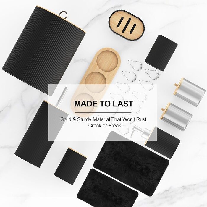 Набір аксесуарів для ванної кімнати PLIOW – 22 предмети: шторка для душу, відро для сміття, тримач для унітазної щітки, дозатор для мила. Стильний та функціональний декор для дому (Чорний, повний комплект + килимок для ванної)