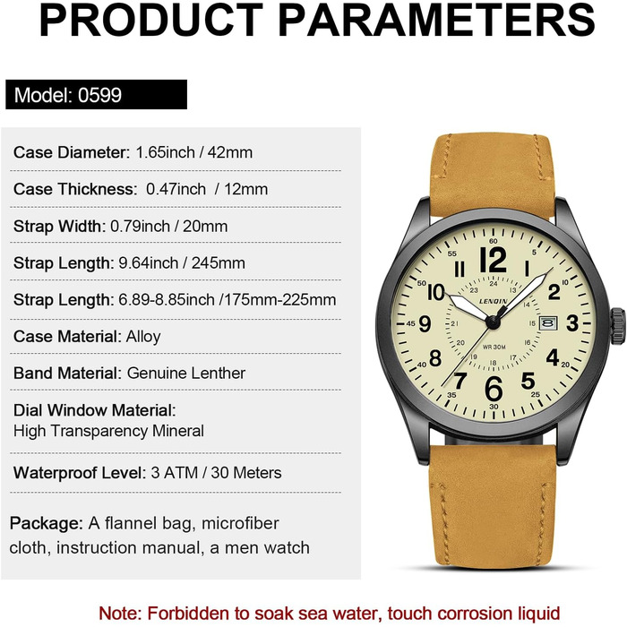 Годинник чоловічий LN LENQIN Military 30M водостійкий кварцовий годинник з датою на текстильному ремінці (світло-коричневий)